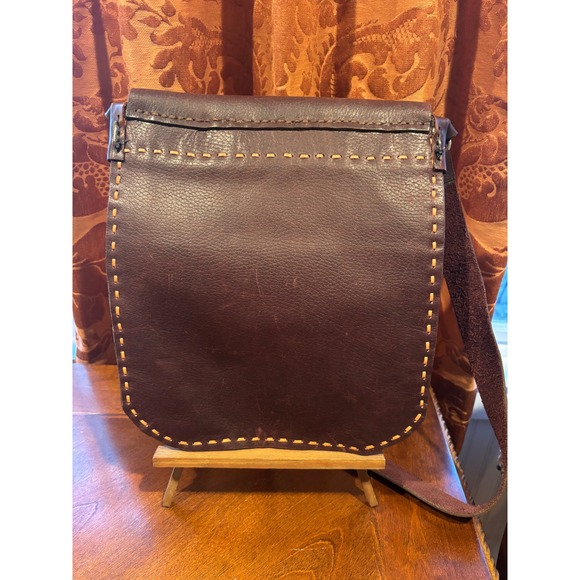Handmade Brown Leather Messenger Bag Satchel Whipstitch Brass Latch Crossbody - Picture 7 of 17